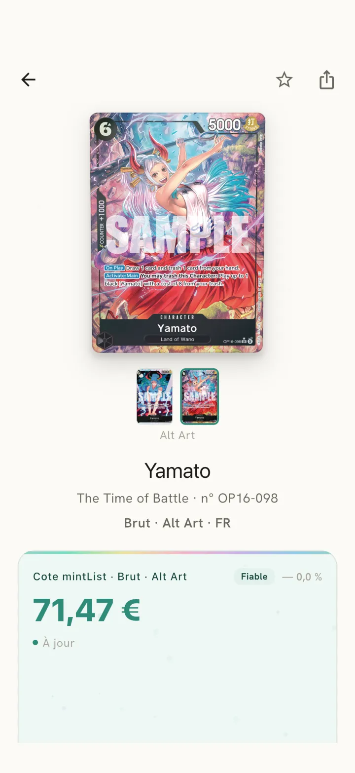 Fiche One Piece avec versions alt art et Cote par version dans mintList